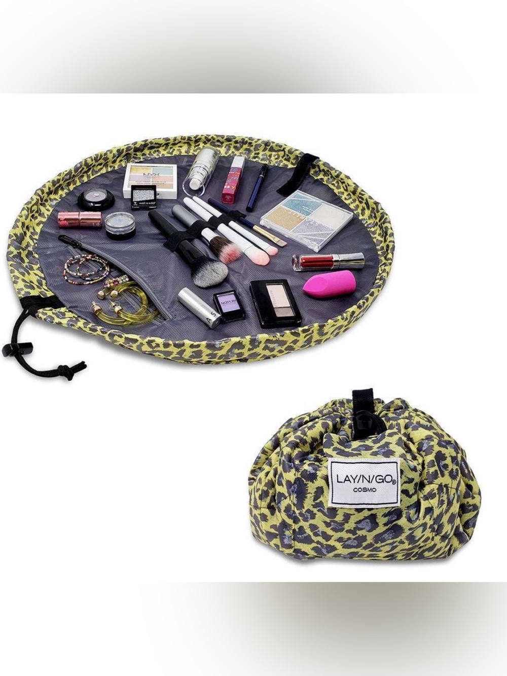 Lay-n-Go yellow/gray Leopard COSMO Drawstring Bag